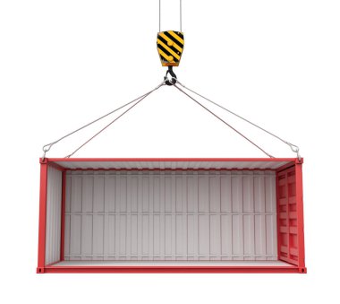 Beyaz arkaplanda boş kırmızı nakliye konteynırının kaldırılmasının 3d görüntülenmesi