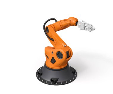 Turuncu robotik kolun beyaz arkaplanda 3 boyutlu görüntülenmesi
