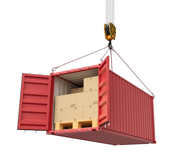 3d rendering of open red cargo container full of cardboard packages, suspended from crane, isolated on white background. — Stock Photo, Image