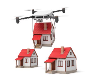 Kamera robotunun küçük bir kulübeyi taşıması ve beyaz arka planda izole edilmiş iki özdeş kulübeye indirilmesi..