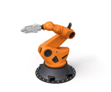 Turuncu robotik kolun beyaz arka planda duran gri kavrama aleti..
