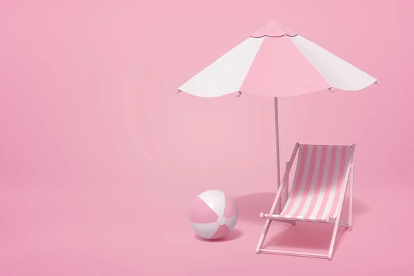 3D-återgivning av randig vit och yoghurt rosa strand paraply, strand stol och strand boll på rosa bakgrund med kopia utrymme. — Stockfoto