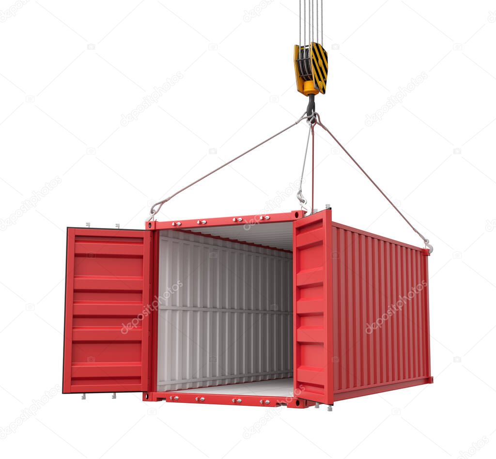 3d rendering of crane lifting open empty red shipping container isolated on white background