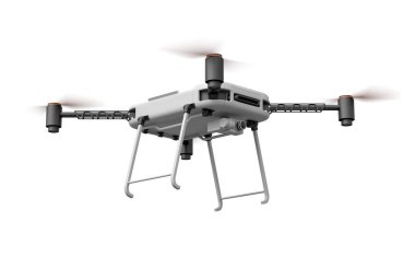 Çalışan pervaneleri beyaz arkaplanda izole edilmiş İHA 'nın 3D görüntülemesi