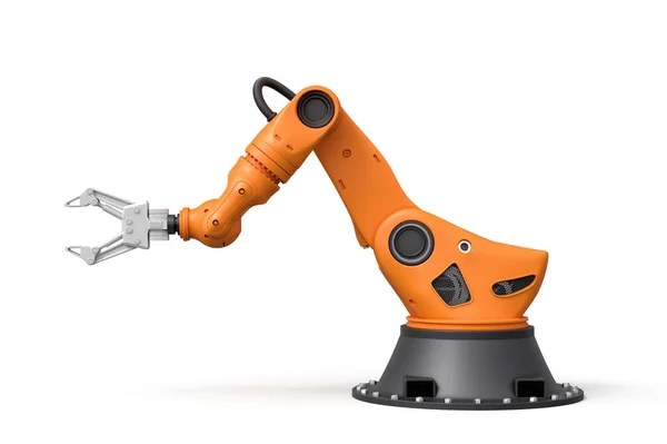 白い背景にグレーグリッパーが立っているオレンジのロボットアームの3Dレンダリング. — ストック写真