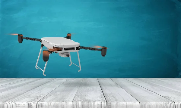 3d renderelés repülő drón felett fehér fa padló és sötét türkiz háttér — Stock Fotó