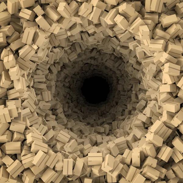 3d weergave van veel bruine kartonnen dozen van bovenaf, die een diepe donkere put of tunnel vormen. — Stockfoto