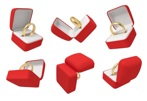 Rendu 3d de l'ensemble de six boîtes rouges ouvertes avec des anneaux d'or, présentés sous différents angles, isolé sur fond blanc . — Photo