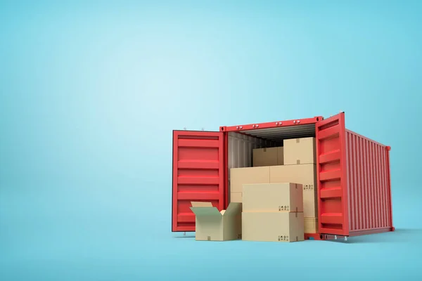 3d rendering of red shipping container filled with cardboard boxes on blue background