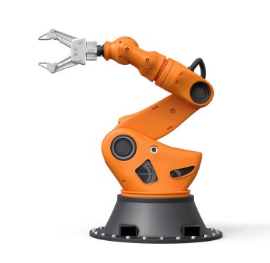 Turuncu robotik kolun beyaz arkaplanda 3 boyutlu görüntülenmesi