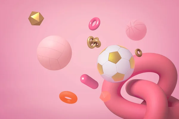 Rendering 3d di oggetti e forme varie che galleggiano su sfondo rosa pastello . — Foto Stock