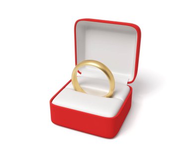 3d yakın plan altın yüzük beyaz zemin üzerinde açık kırmızı kutu.