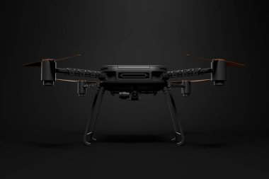 Koyu gri gradyan arkaplan üzerinde duran siyah dronun 3D ön görüntüsü.