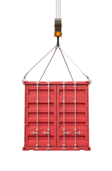 3d rendering of closed red cargo container suspended from crane, isolated on white background. — Stock Photo, Image