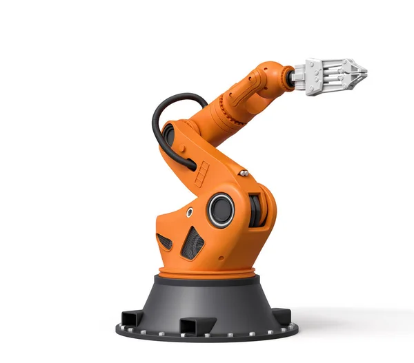 3D representación de brazo robótico naranja con pinza gris de pie sobre fondo blanco . — Foto de Stock