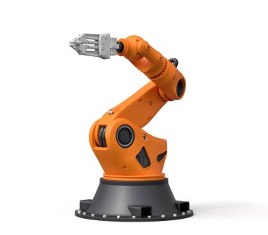 Turuncu robotik kolun beyaz arka planda duran gri kavrama aleti..