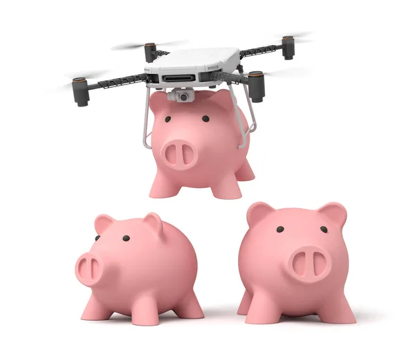 3d renderowanie quadcopter niosące różową świnkę bank i oddanie go do dwóch identycznych świnki banków izolowanych na białym tle. — Zdjęcie stockowe