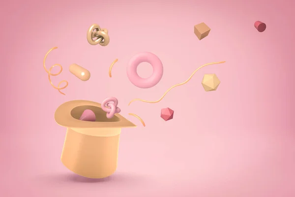 3D renderização de diferentes objetos e formas geométricas voando para fora do chapéu superior laranja dourado no fundo rosa pastel . — Fotografia de Stock
