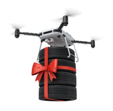 Beyaz arka planda kırmızı şeritli dört siyah araç lastiği taşıyan 3D görüntüleme.