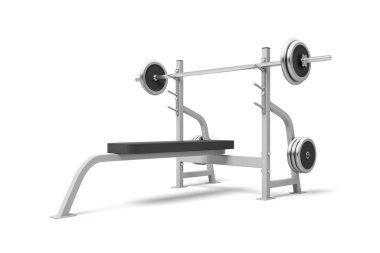 Beyaz arkaplanda izole edilmiş metal halterli 3D ağırlık bankı