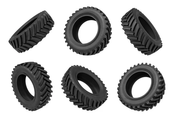 3D візуалізація шести чорних гумових коліс ізольовано на білому тлі — стокове фото