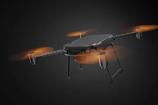 3d renderelés fekete drón narancssárga propellerekkel, és fekete kamera csatlakozik, repülő sötét szürke gradiens háttér. — Stock Fotó