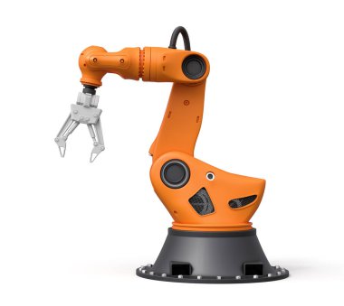 Turuncu robotik kolun beyaz arkaplanda 3 boyutlu görüntülenmesi