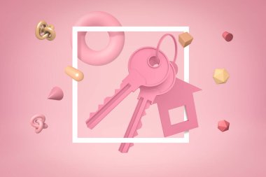 Pembe anahtarların 3D görüntülenmesi ve pembe arka planda rastgele nesnelerle ev şekli anahtarlığı