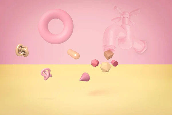 3D візуалізація різних об'єктів і геометричних фігур, що вилітають з рожевого крана на двокольоровому пастельному рожевому і жовтому тлі . — стокове фото