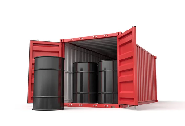 3d rendering of red shipping container filled with black fuel barrels isolated on white background — Stock Photo, Image