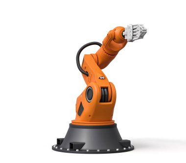 Turuncu robotik kolun beyaz arkaplanda 3 boyutlu görüntülenmesi