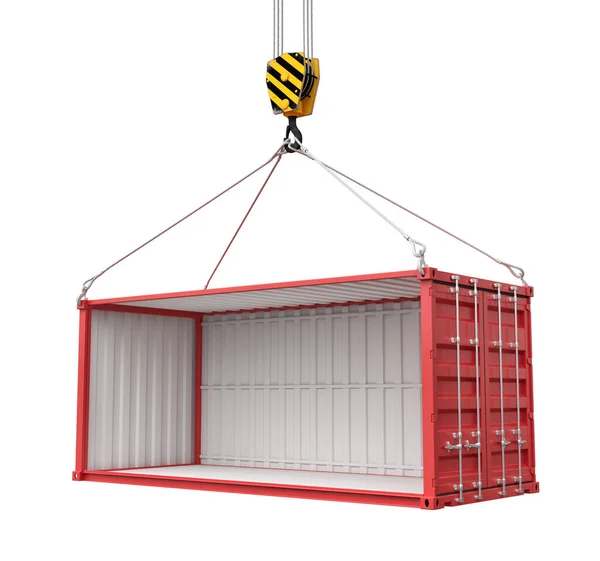 3d rendering van open lege rode open laadbak aan de zijkant opgehangen aan een op witte achtergrond geïsoleerde kraan. — Stockfoto