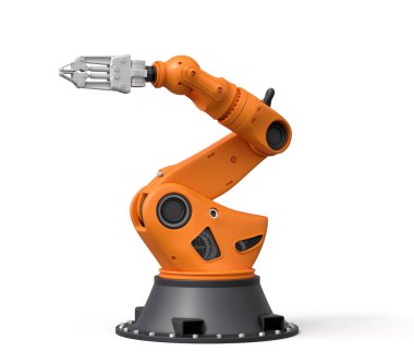 Turuncu robotik kolun beyaz arka planda duran gri kavrama aleti..