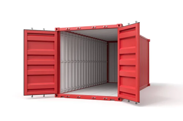 在白色背景下隔离打开的红色航运集装箱的3D渲染 — 图库照片