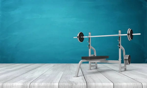 3d rendering of weight bench with metal barbell on white wooden floor and dark turquoise background — Stock Photo, Image