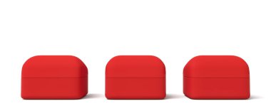 Beyaz arkaplanda izole edilmiş üç adet kırmızı nişan yüzüğü kutusunun 3D görüntülenmesi