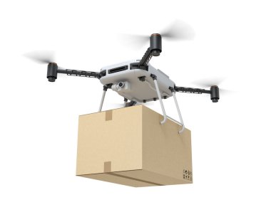Kamera İHA 'sının beyaz arka planda izole edilmiş büyük bir karton kutu taşıması.