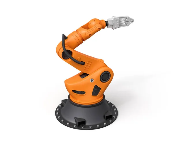 3D-Rendering eines orangefarbenen Roboterarms mit grauem Greifer auf weißem Hintergrund. — Stockfoto