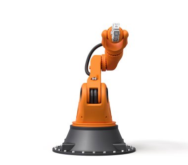 Turuncu robotik kolun beyaz arka planda duran gri kavrama aleti..