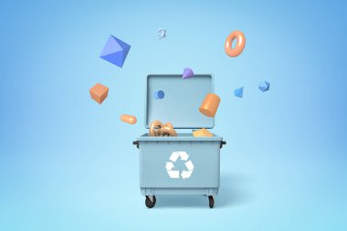 3d rendering of blue trash can with chasing arrows, lid open and different geometric shapes flying out on light blue gradient background. clipart