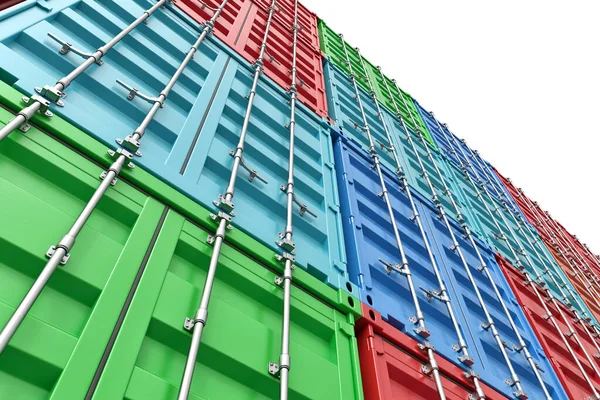 3d weergave van vele gesloten blauwe, oranje, groene en rode lading containers gestapeld op elkaar op witte achtergrond. — Stockfoto
