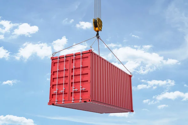 3d rendering of closed red shipping container suspended from crane against blue sky with white clouds. — Stock Photo, Image