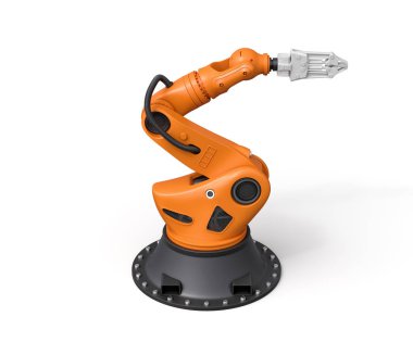 Turuncu robotik kolun beyaz arkaplanda 3 boyutlu görüntülenmesi