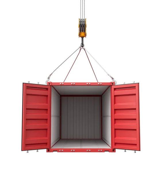 3d rendering of crane lifting open empty red shipping container isolated on white background — Stock Photo, Image