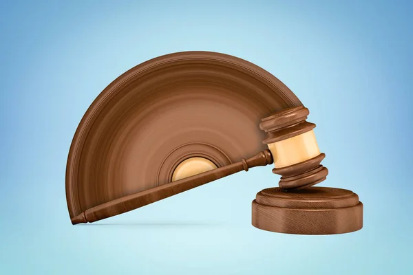 3d rendering of brown gavel with pixel stretch semicircle on one side, lying on brown sound block, on light blue background.