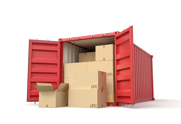 3d rendering of red shipping container filled with cardboard boxes isolated on white background — Stock Photo, Image