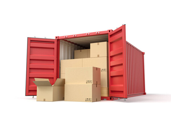 3d визуализация красного грузового контейнера с картонными коробками, изолированными на белом фоне
