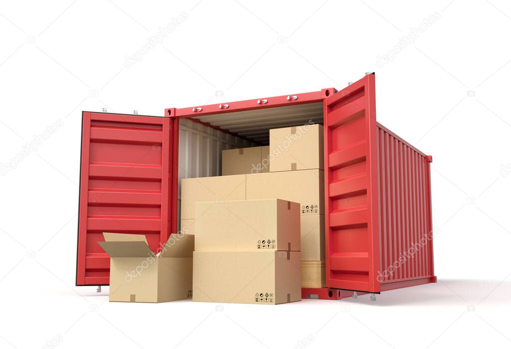 3d rendering of red shipping container filled with cardboard boxes isolated on white background
