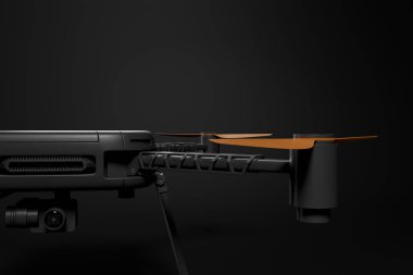 Siyah İHA 'nın ön kısmının koyu gri gradyan arka planında kamera ile 3D yakın plan görüntülemesi.