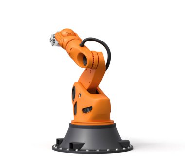 Turuncu robotik kolun beyaz arka planda duran gri kavrama aleti..
